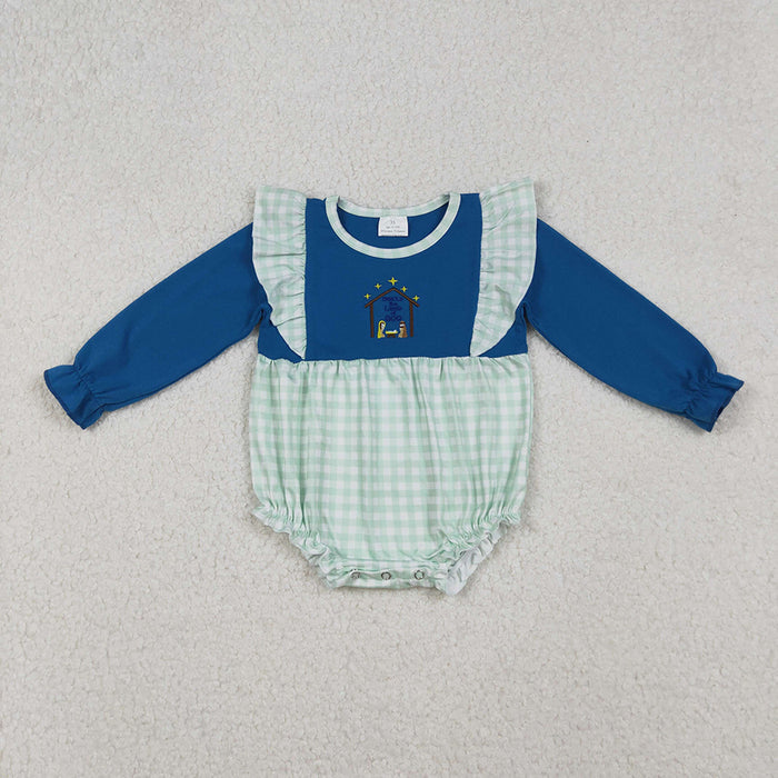 LR2477  Nativity Embroidery Checkered Baby Girls Christmas Romper