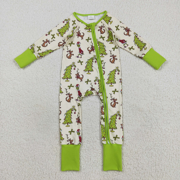 LR2481 Green Frog Tree Print Baby Christmas Zipper Sleeper Romper