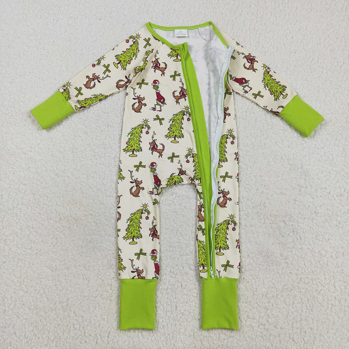 LR2481 Green Frog Tree Print Baby Christmas Zipper Sleeper Romper