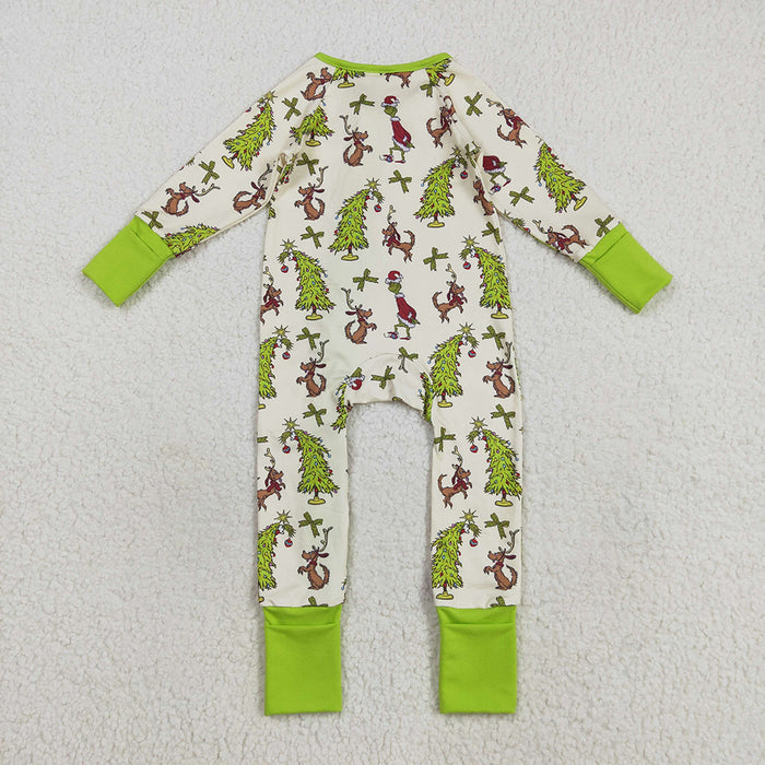 LR2481 Green Frog Tree Print Baby Christmas Zipper Sleeper Romper