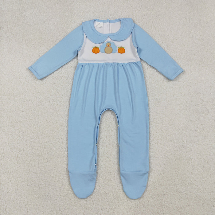 LR2562 Turkey Pumpkin Embroidery Blue Cotton Baby Boys Thanksgiving Doll Collar Romper