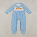 LR2562 Turkey Pumpkin Embroidery Blue Cotton Baby Boys Thanksgiving Doll Collar Romper