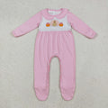 LR2563 Turkey Pumpkin Embroidery Pink Cotton Baby Girls Thanksgiving Doll Collar Romper