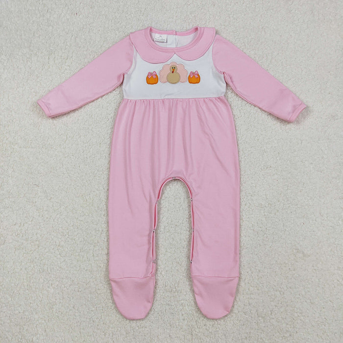 LR2563 Turkey Pumpkin Embroidery Pink Cotton Baby Girls Thanksgiving Doll Collar Romper