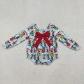 LR2575 Green Frog Blue Print Big Bow Baby Girls Christmas Romper