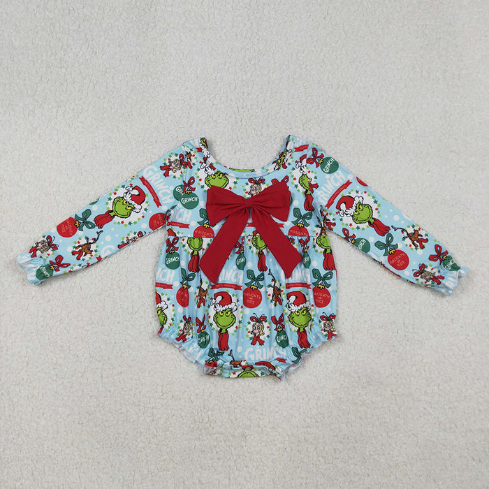 LR2575 Green Frog Blue Print Big Bow Baby Girls Christmas Romper