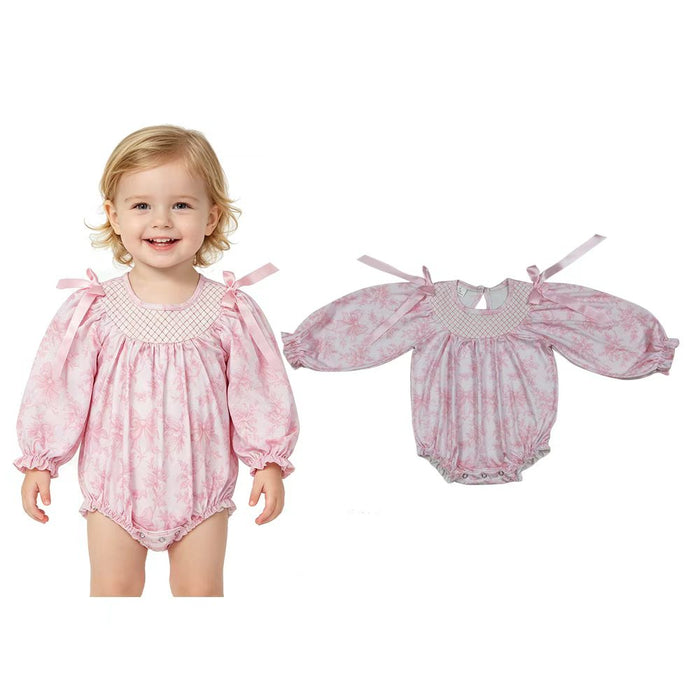 LR2932 Girls’ Pink Floral & Bow Long Sleeve Smocked Romper