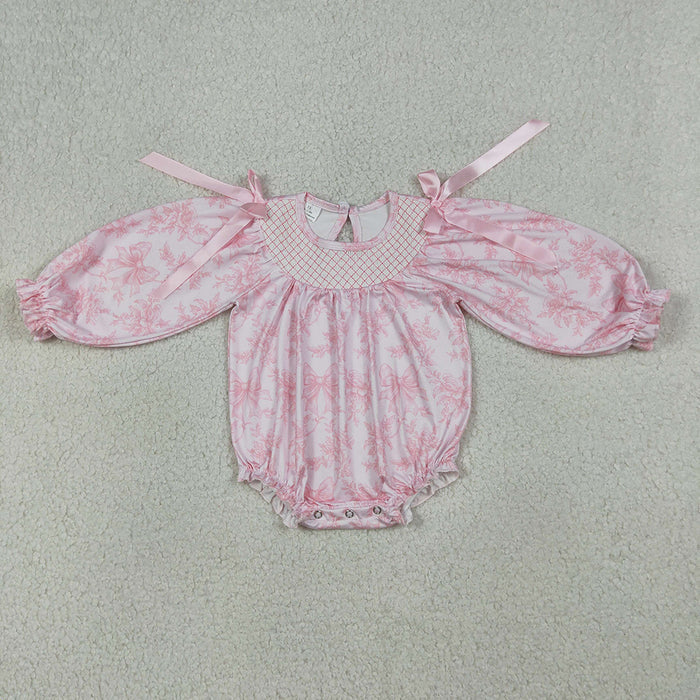 LR2932 Girls’ Pink Floral & Bow Long Sleeve Smocked Romper