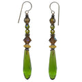 Owen Glass Collection Metro 4 olive green glass and crystal chandelier earrings with intricate design and dangling accents.