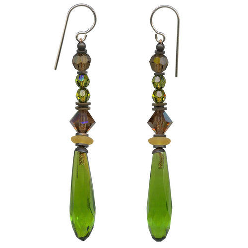 Owen Glass Collection Metro 4 olive green glass and crystal chandelier earrings with intricate design and dangling accents.