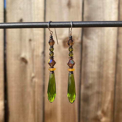 Owen Glass Collection Metro 4 Olivine Green Glass and Crystal Chandelier Earrings, elegant dangle jewelry with sparkling accents.