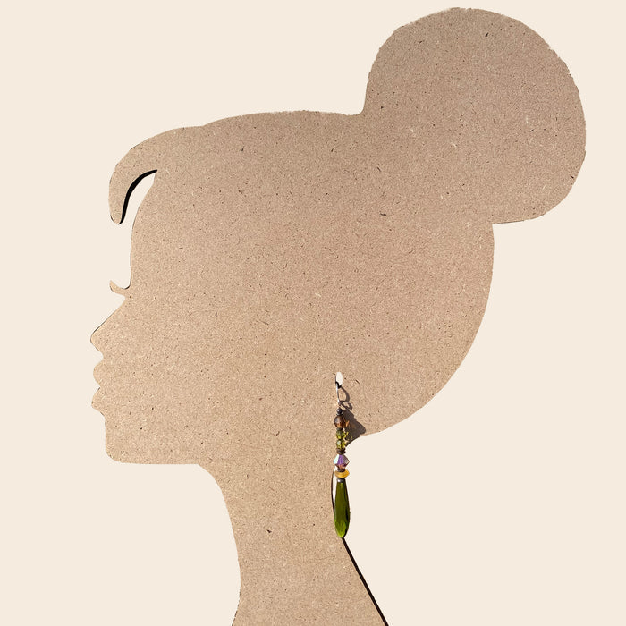 Owen Glass Collection Metro 4 olive green glass and crystal chandelier earrings with intricate design and dangling elements.