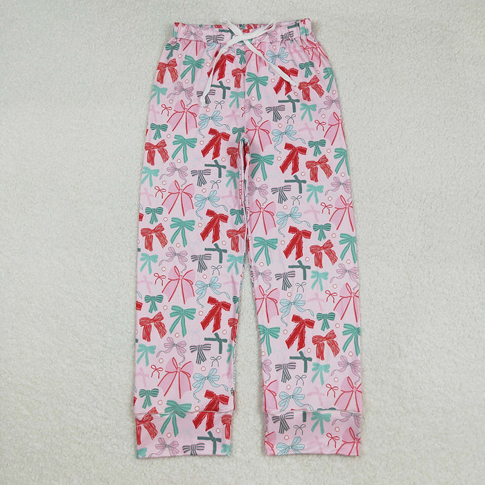 P0766 Adult Green Pink Red Bows Print Woman Christmas Bottom Pajamas Pants