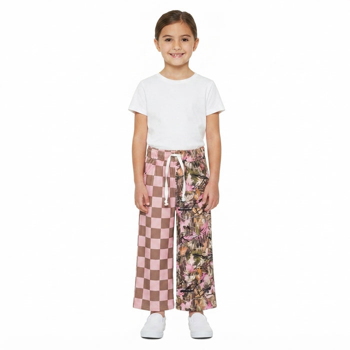 P1093  Pink Checkered Branch Camo Print Girls Bottom Pockets Split Straight Pants