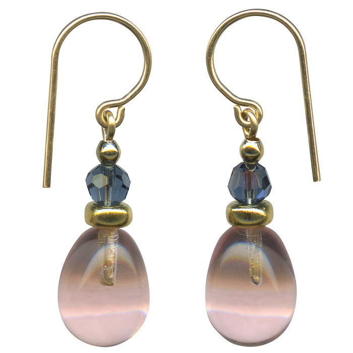 Pink glass and indigo crystal drop earrings from Owen Glass Collection with elegant, colorful gemstone design.
