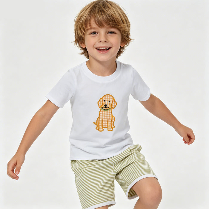 Puppy Embroidery White Top Stripes Shorts Boys Summer Clothes Set