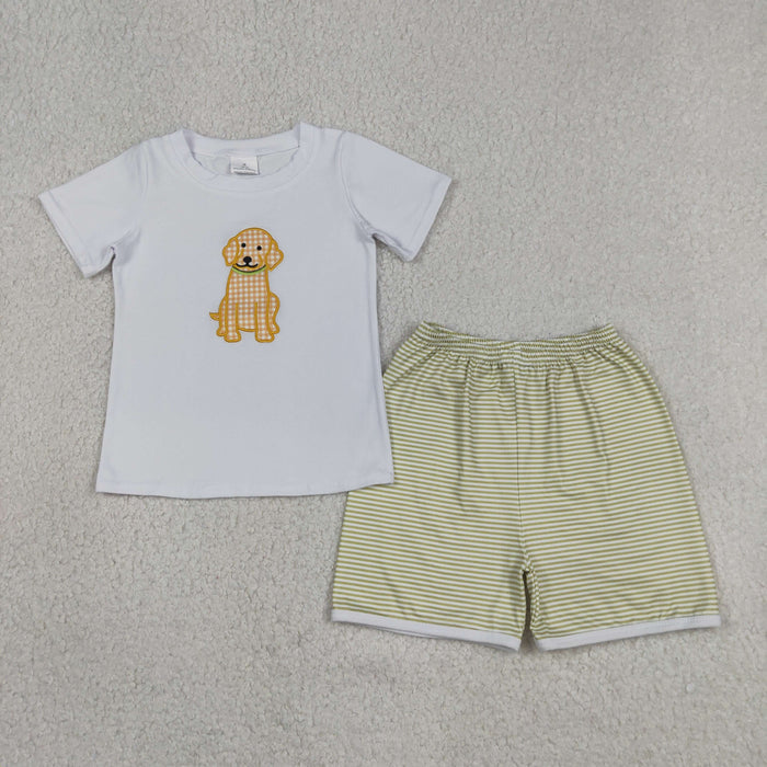 Puppy Embroidery White Top Stripes Shorts Boys Summer Clothes Set