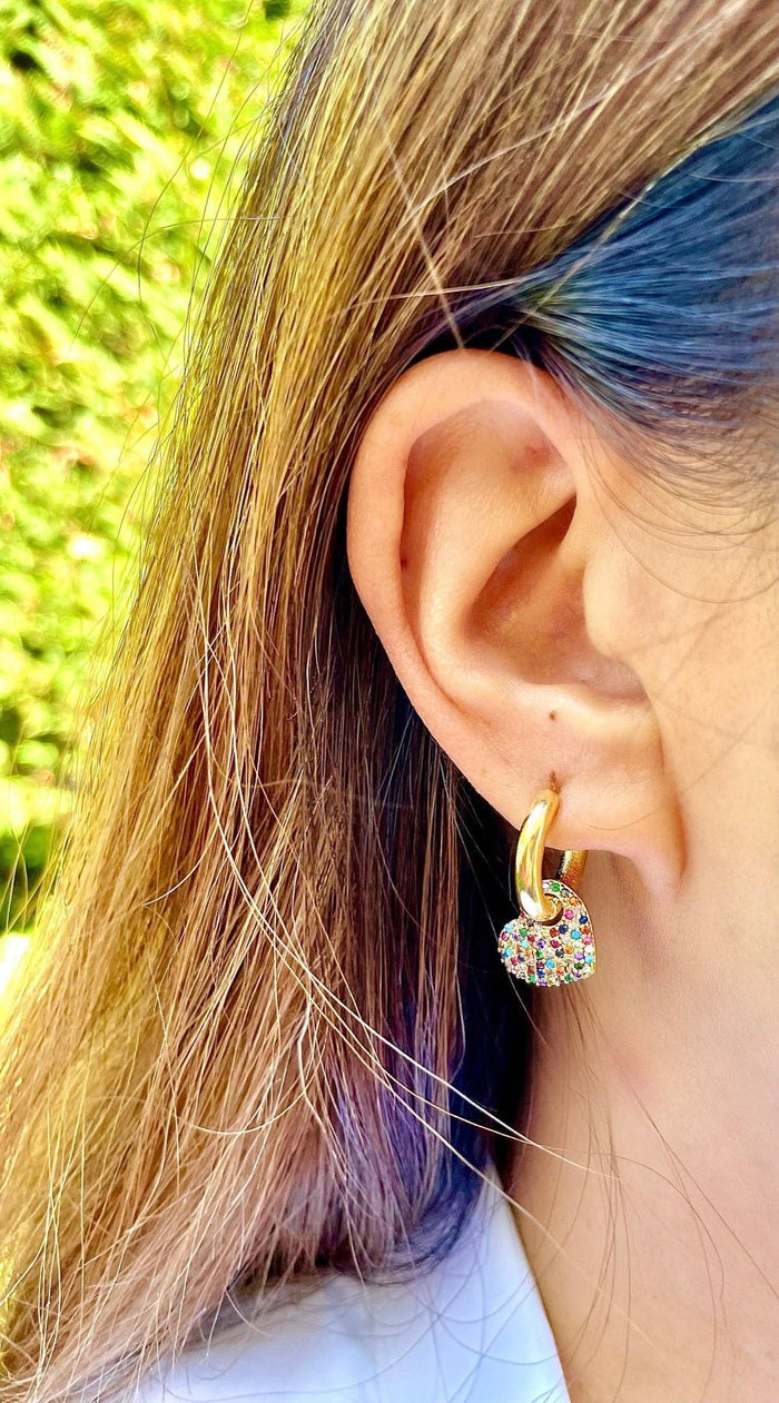 Rainbow Pave Heart Hoop Earrings