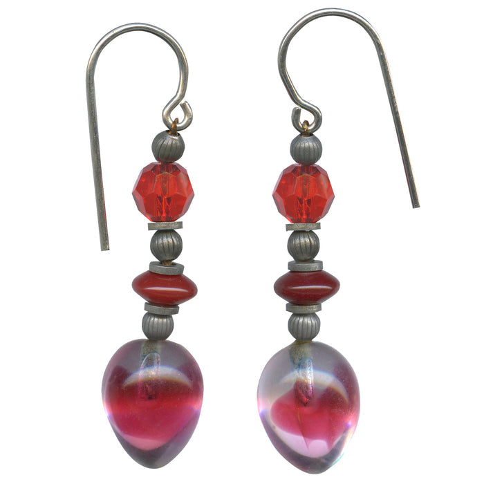 Red glass earrings from Owen Glass Collection featuring watercolor-style design, crafted with vibrant glass and intricate craftsmanship.