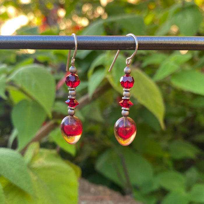 Red glass and crystal dangle earrings featuring watercolor-inspired design from Owen Glass Collection, with sparkling crystal accents.