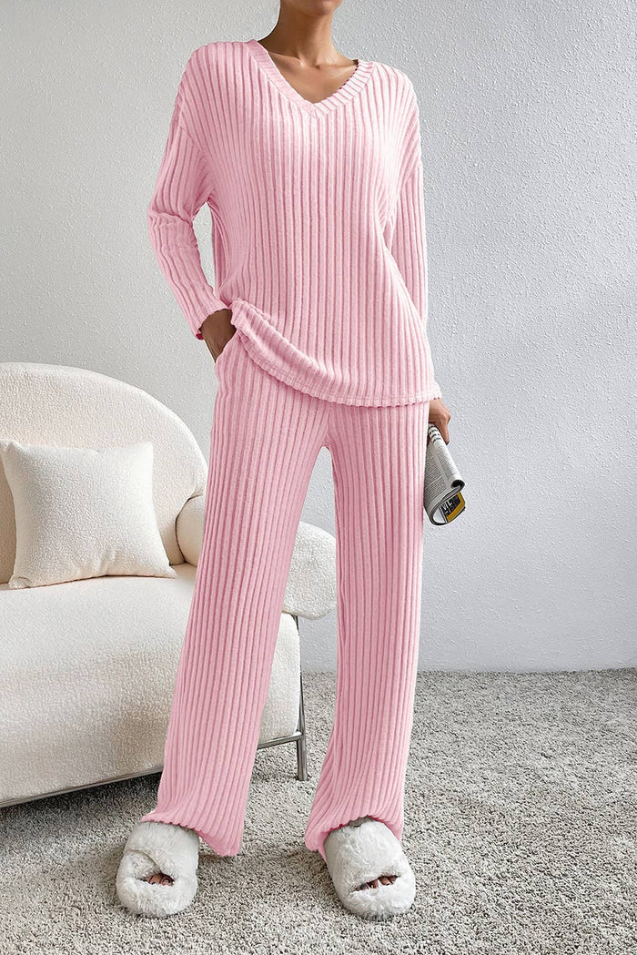 Ribbed Knit V Neck Slouchy Two-piece Outfit