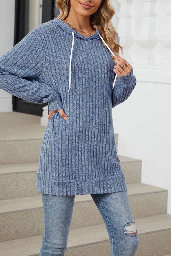 Ribbed Knitting Drawstring Hoodie