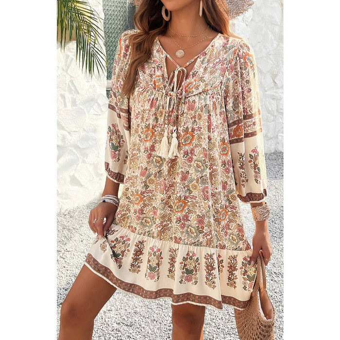 Ruched Bohe Print V Neck Ruffle Hem Tassel Dress