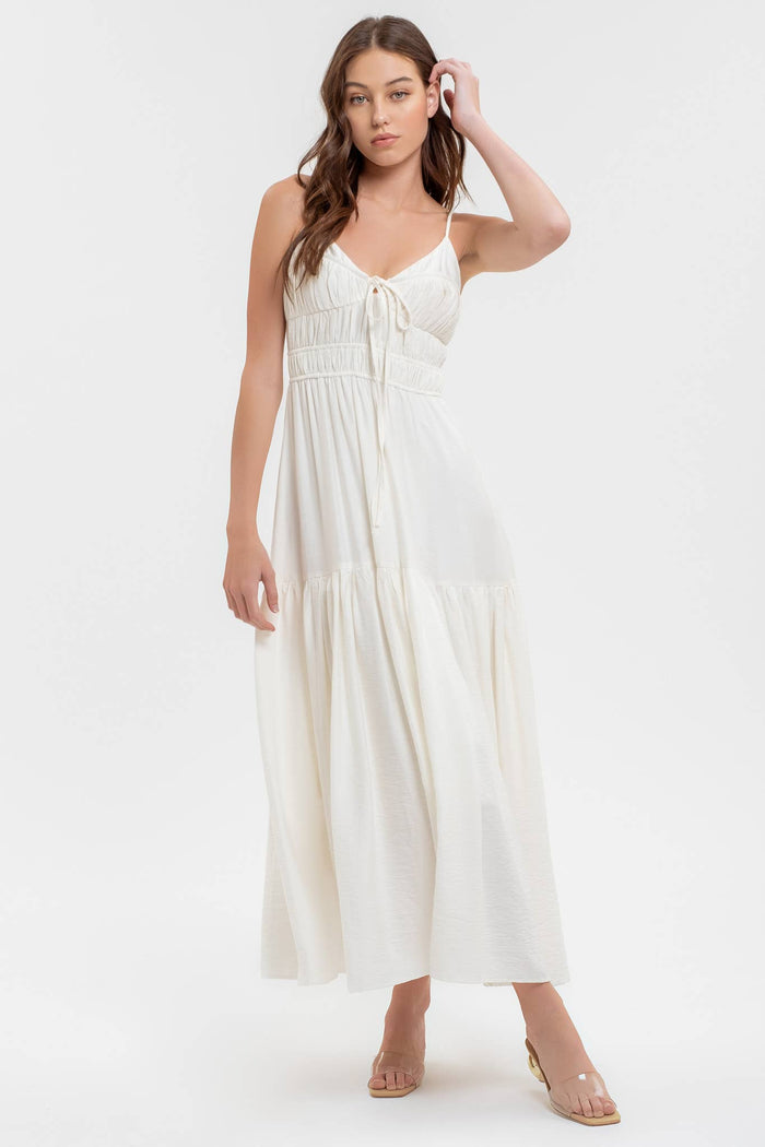 Shirred Front Tie Sleeveless Midi Dress