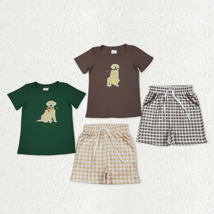 Sibling Baby Boys Embroidery Dog Ducks Top Checked Pockets Short Hunting Clothes Sets