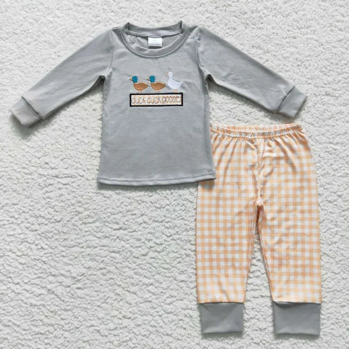 Sibling Baby Boys Girls Embroidery Ducks Goose Checked Pants Clothes Sets