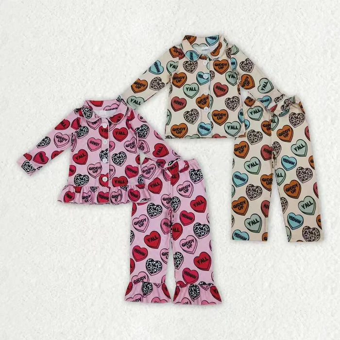 Sibling Baby Girls  Boys Valenties Heart Button Pants Pajama Set