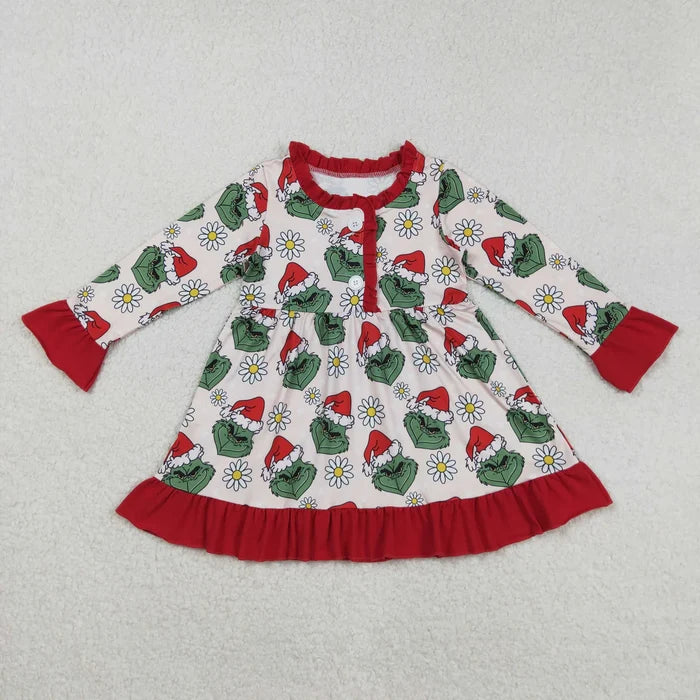 Sibling Baby Girls Christmas Green Face Daisy Pajamas Set Zipper Footie Romper Knee Length Dress