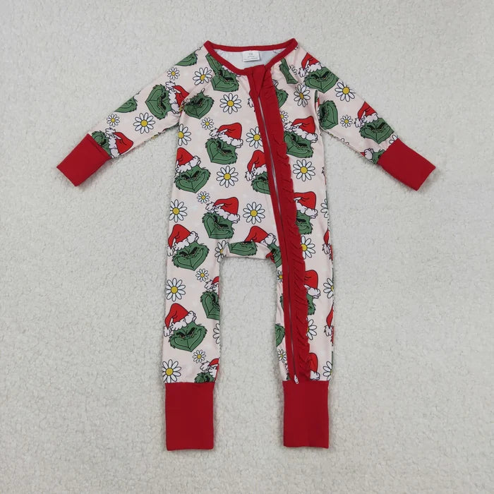 Sibling Baby Girls Christmas Green Face Daisy Pajamas Set Zipper Footie Romper Knee Length Dress