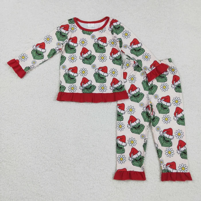 Sibling Baby Girls Christmas Green Face Daisy Pajamas Set Zipper Footie Romper Knee Length Dress