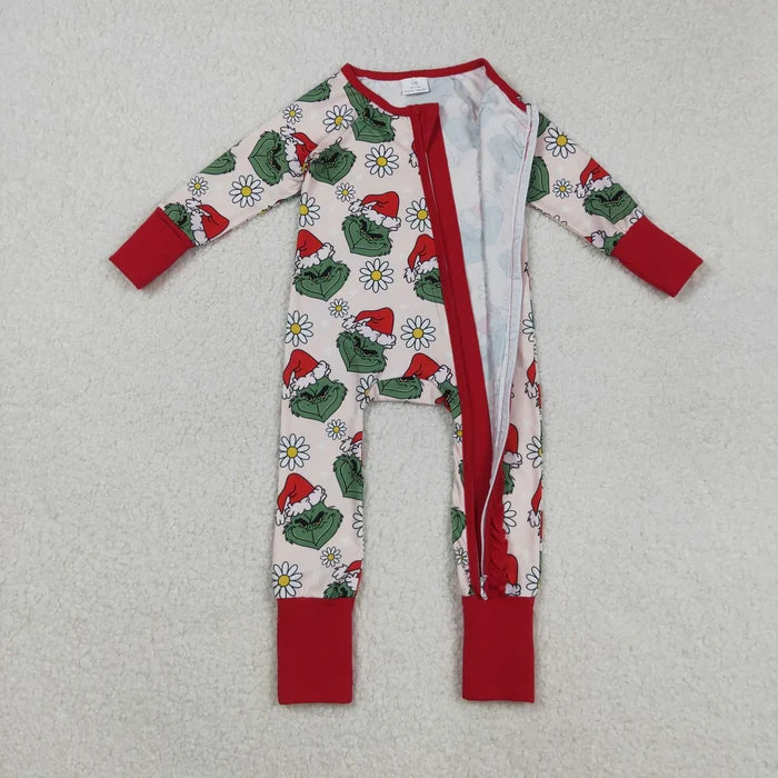 Sibling Baby Girls Christmas Green Face Daisy Pajamas Set Zipper Footie Romper Knee Length Dress
