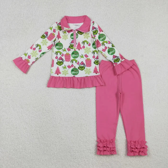 Sibling Baby Girls Green Faces Dramatic Christmas Zipper Footie Rompers Pajamas Sets
