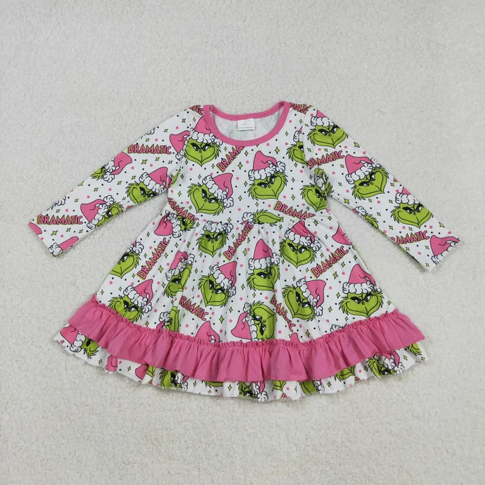 Sibling Baby Girls Green Faces Dramatic Christmas Zipper Footie Rompers Pajamas Sets