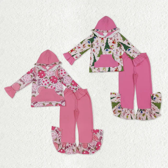 Sibling Baby Girls Pink Lights  Plaid Pocket Hoodies Ruffle Bell Pants Christmas Clothes Sets