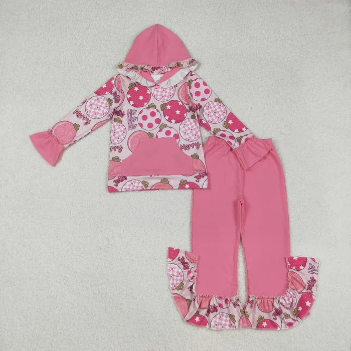 Sibling Baby Girls Pink Lights  Plaid Pocket Hoodies Ruffle Bell Pants Christmas Clothes Sets