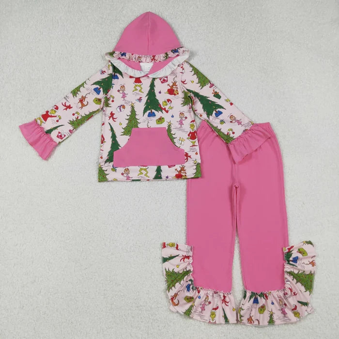 Sibling Baby Girls Pink Lights  Plaid Pocket Hoodies Ruffle Bell Pants Christmas Clothes Sets