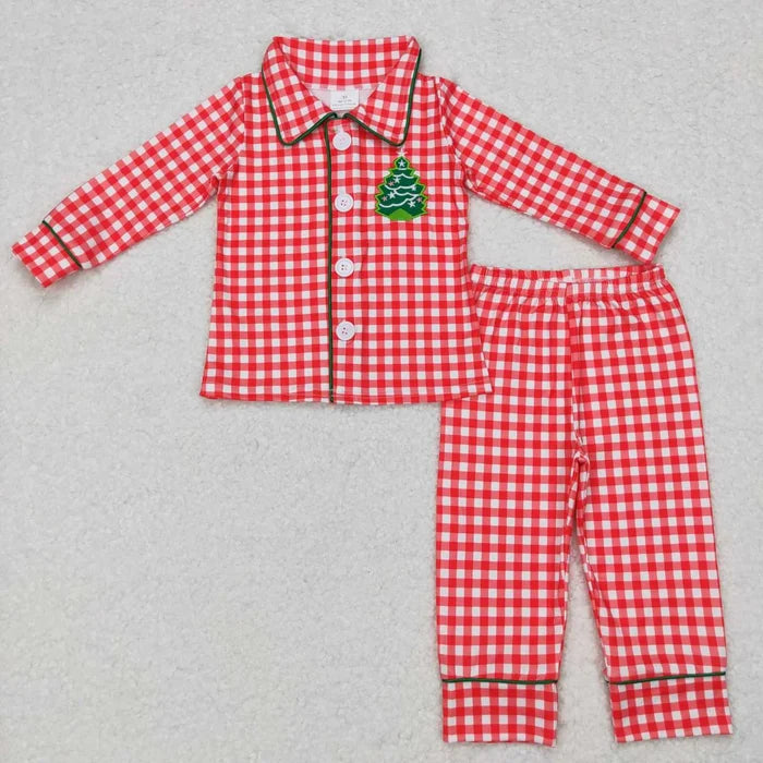 Sibling Baby Kids Embroidery Santa Trees Button Top Pants Christmas Pajamas Sets