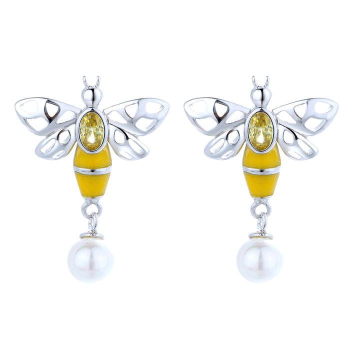 Silver Bee Earrings with Pearl & Crystals