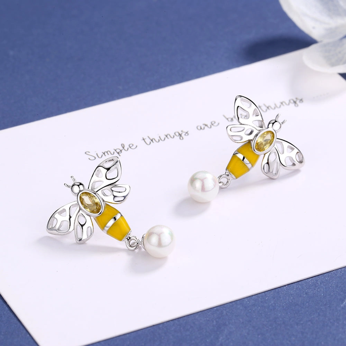Silver Bee Earrings with Pearl & Crystals