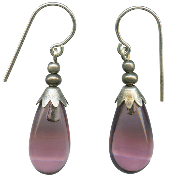 Silver Brights 60-inch light amethyst glass earrings from Owen Glass Collection, featuring long, elegant, translucent purple earrings.