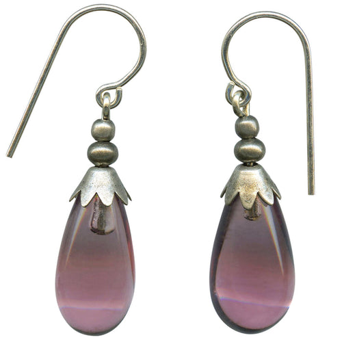 Silver Brights 60-inch light amethyst glass earrings from Owen Glass Collection, featuring long, elegant, translucent purple earrings.