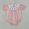 SR3785 Girls’ Pink Floral & Bunny Short Sleeve Smocked Easter Romper