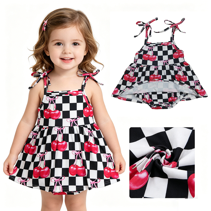 SR3854 Black & White Check Cherry Bow Tie Strap Baby Girls Summer Romper