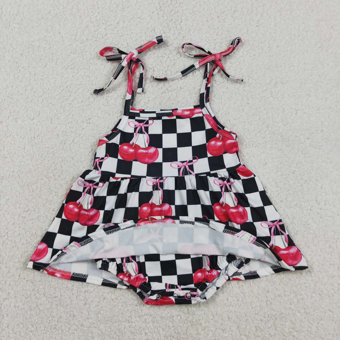 SR3854 Black & White Check Cherry Bow Tie Strap Baby Girls Summer Romper