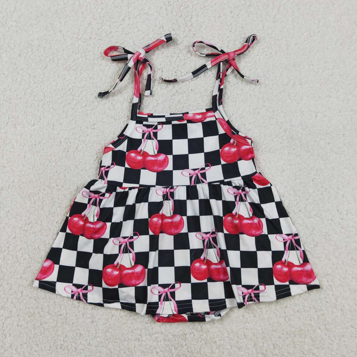 SR3854 Black & White Check Cherry Bow Tie Strap Baby Girls Summer Romper