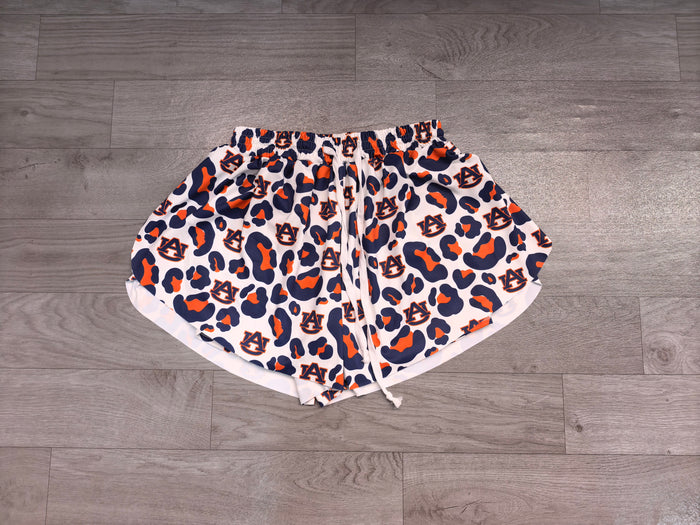 SS0809 Preorder Adult Teams Auburn Leopard Print Woman Bottom Flutter Yoga Shorts